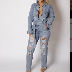 Denim long sleeve jumpsuit